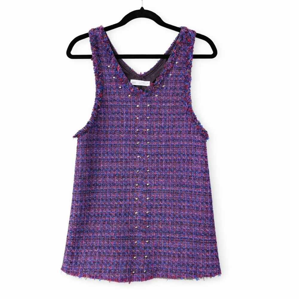 Zara Girls Tweed Dress Purple Metallic Button Front Size 11/12